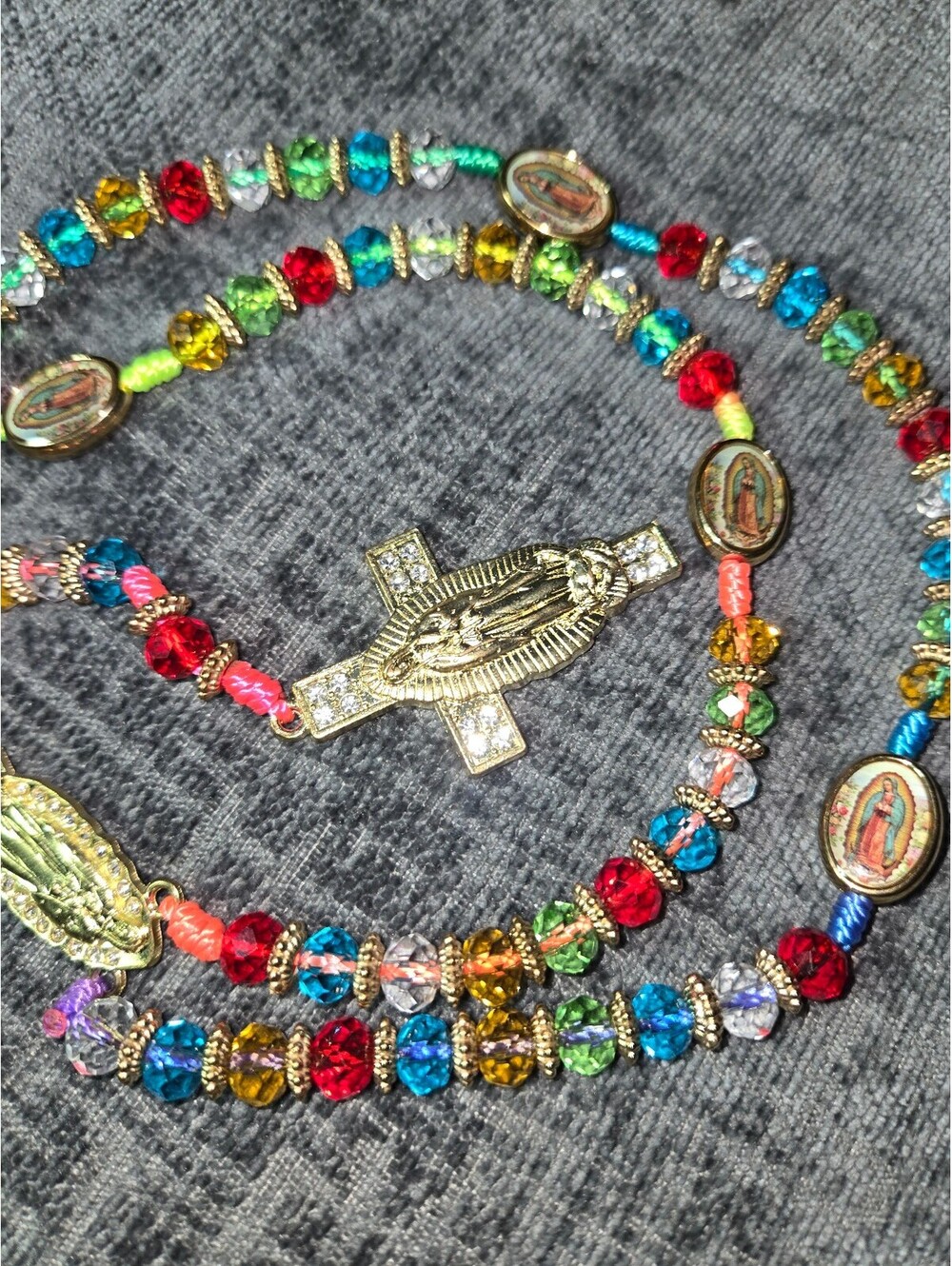 Vintage-Inspired Multi-Color Virgin Pendant Rosary Necklace with Rhinestone Accs